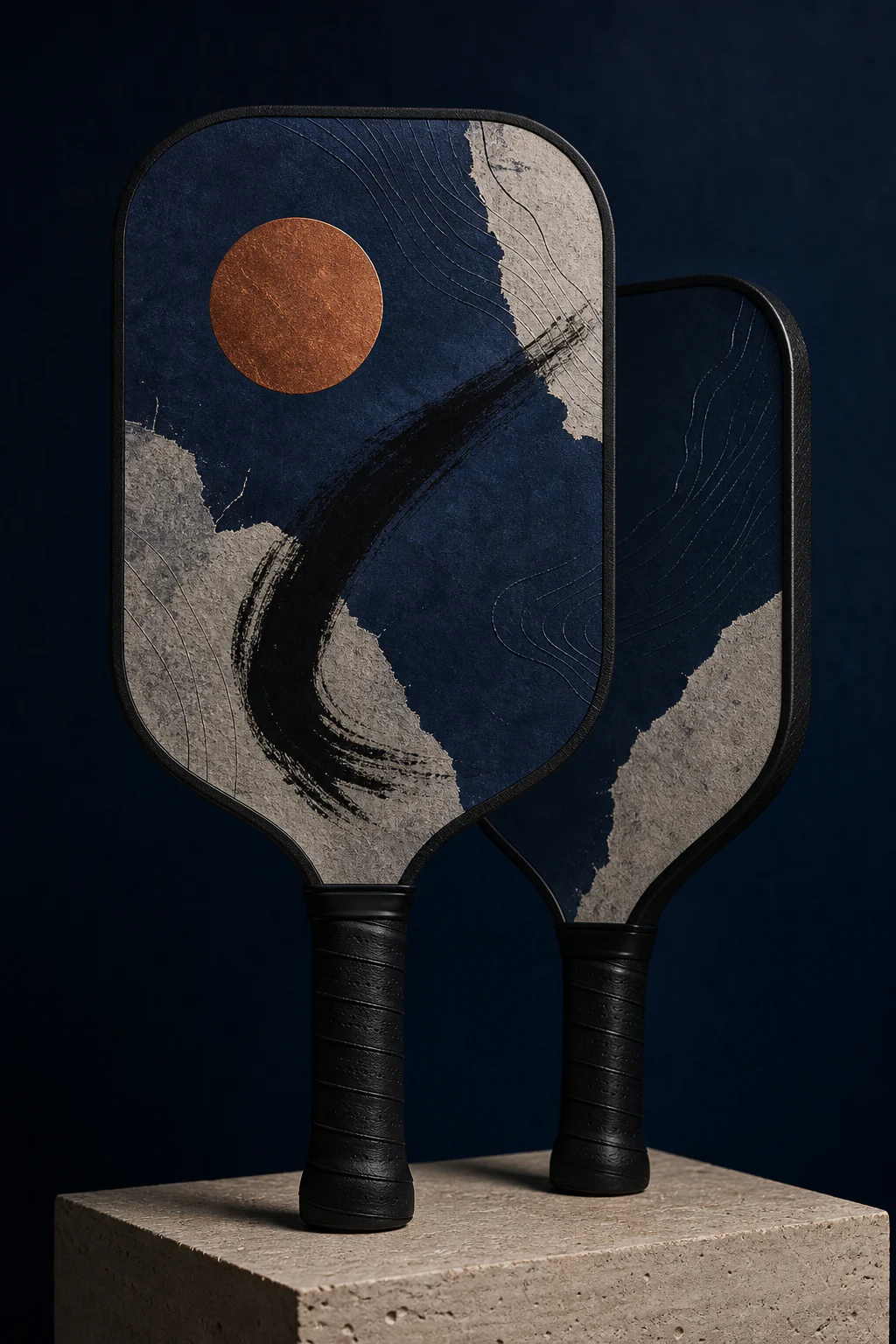 Two Player Originals paddles in an indigo, bone, and copper artist-series design